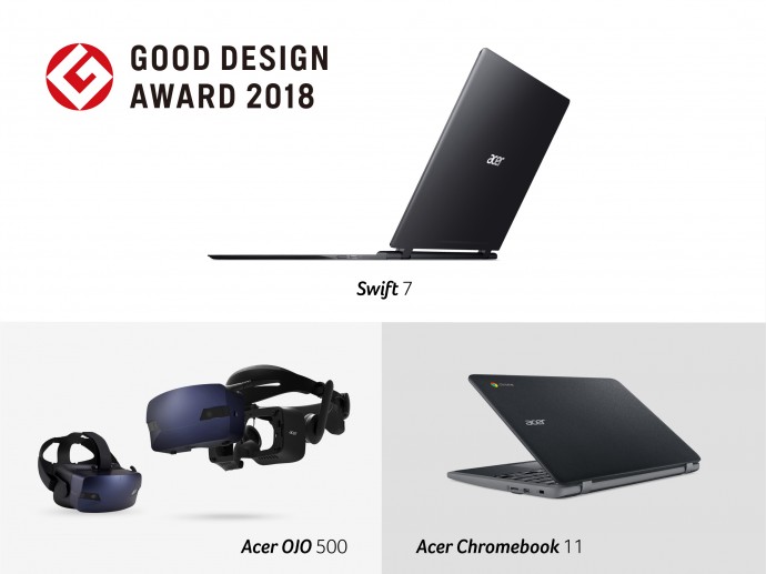 宏碁荣获2018年度Good Design设计大奖 获奖产品包括Acer OJO 500混合实境头戴式装置、 Acer Swift 7轻薄笔电、Acer Chromebook 11教育笔电