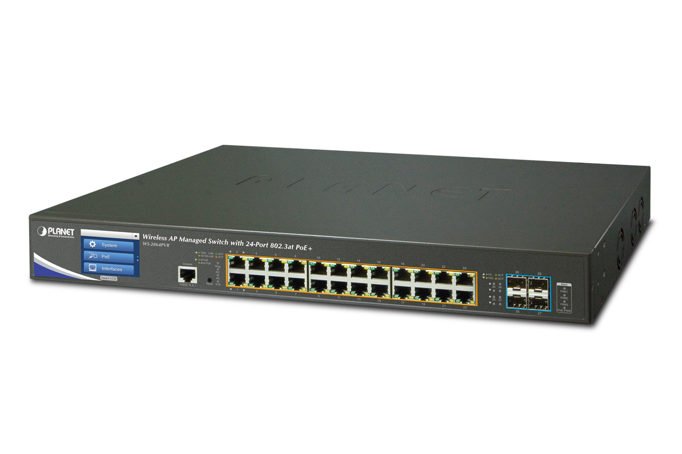 Color Touch LCD 24-Port PoE+ Wireless LAN Managed Switch with 40G Fiber Uplink