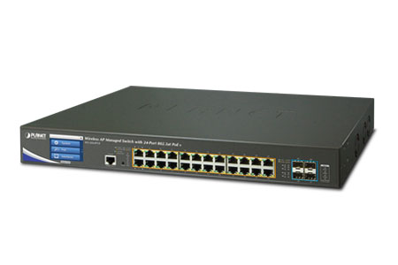 Color Touch LCD 24-Port PoE+ Wireless LAN Managed Switch with 40G Fiber Uplink / PLANET Technology Corporation